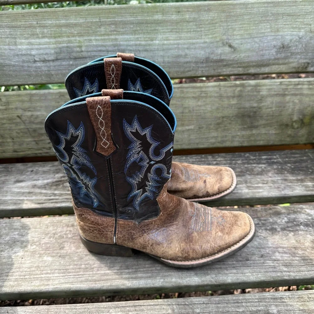 Ariat Tombstone Kids Cowboy Boots Brown Leather Square Toe Blue Stitching Size 5